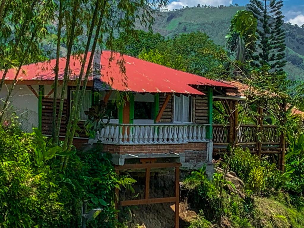 a house with a red roof in the forest at Room in Lodge - Family Cabin With Lake View in Rizaralda