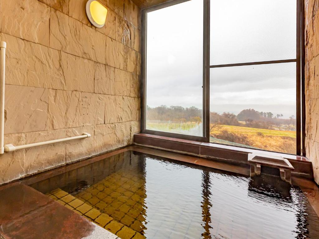 a room with a pool of water with a window at Tabist Niitsuru Onsen Nda in Aizumisato