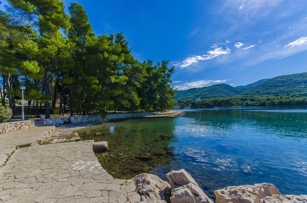 Elle offre une vue sur un lac avec des arbres et des montagnes. dans l'établissement Apartment in Stari Grad (Hvar) with Balcony, Air condition, WIFI, Dishwasher (3695-1), à Stari Grad