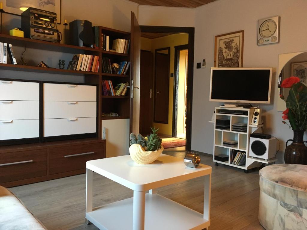 salon z białym stolikiem kawowym i telewizorem w obiekcie Aktiv pihenés apartman w mieście Révfülöp
