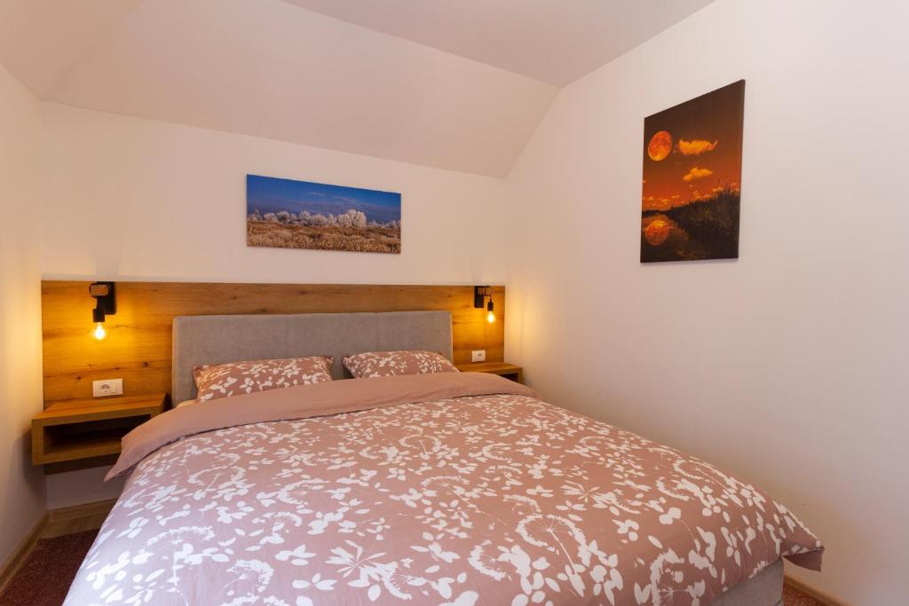 um quarto com uma cama e dois quadros na parede em Ema apartman - Zlatar em Nova Varoš