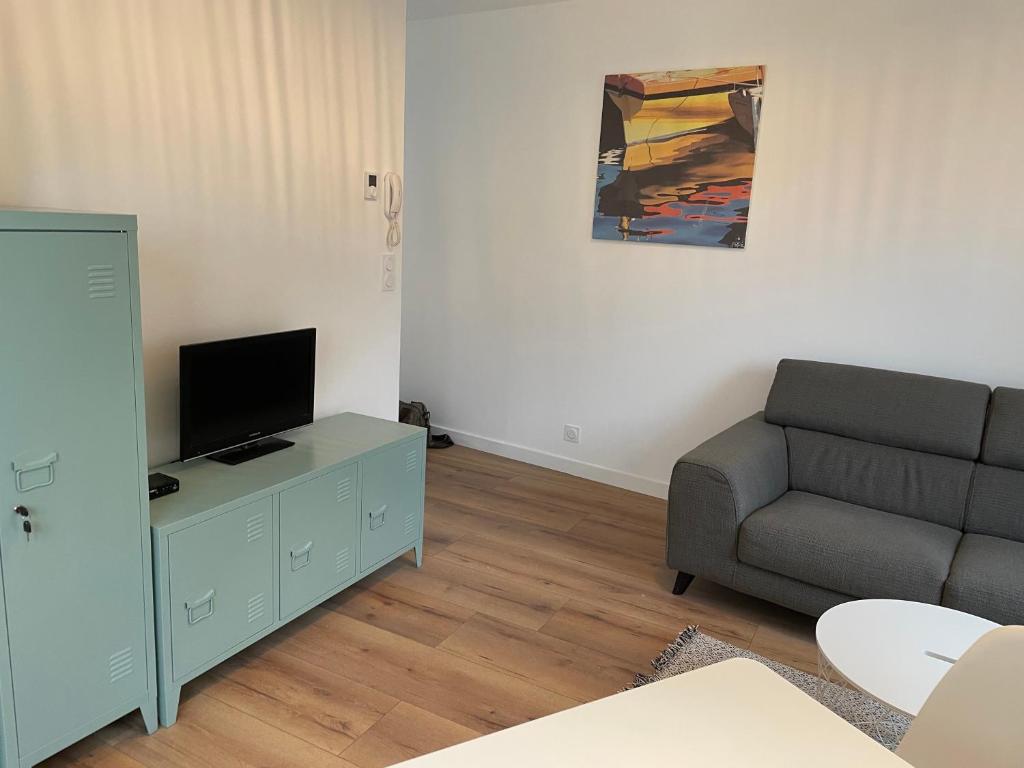 a living room with a couch and a television at Lamballe plein centre, superbe appartement 1er étage in Lamballe