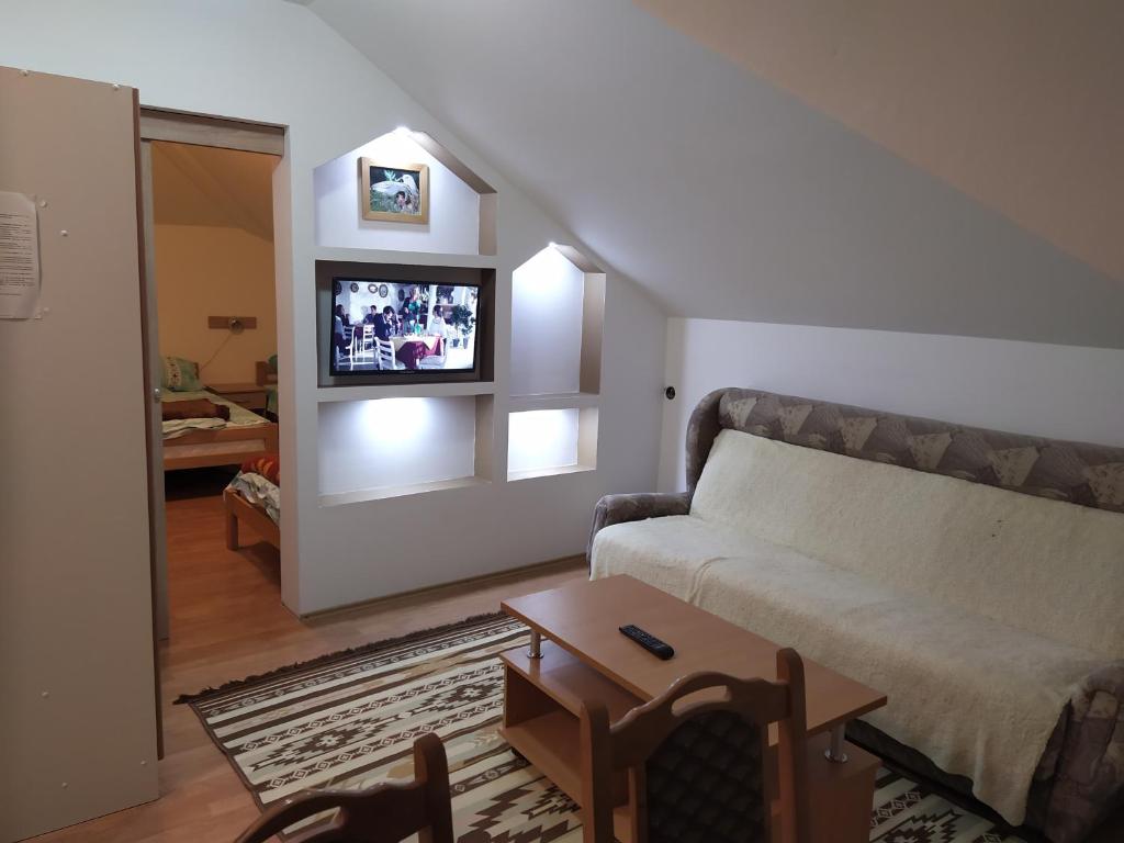 een woonkamer met een bank en een tv aan de muur bij Guesthouse Borovi in Nova Varoš