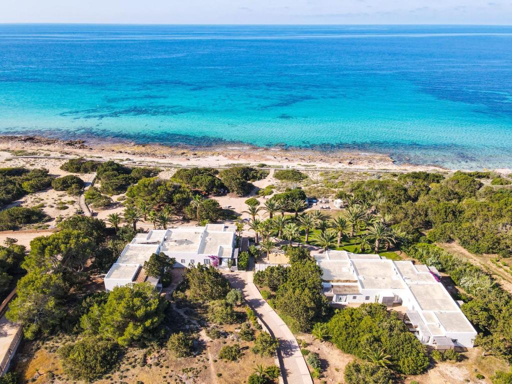 eine Luftansicht auf den Strand und das Meer in der Unterkunft Talaya Formentera in Playa Migjorn