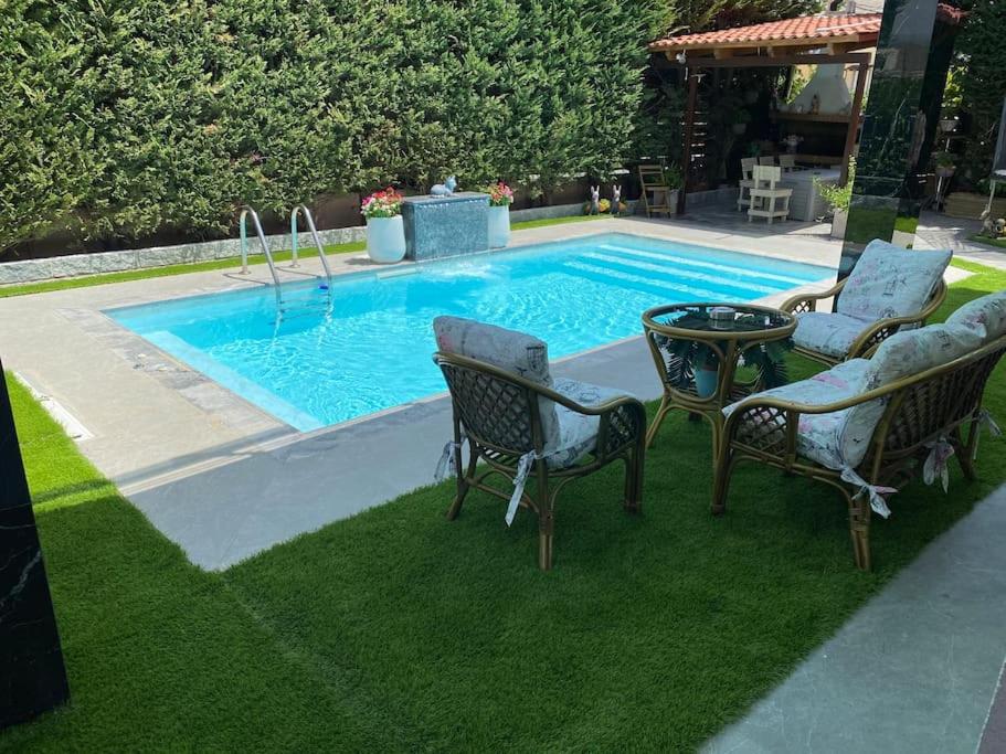 a swimming pool with chairs and a table next to it at Evelina’s house in Neochorópoulon