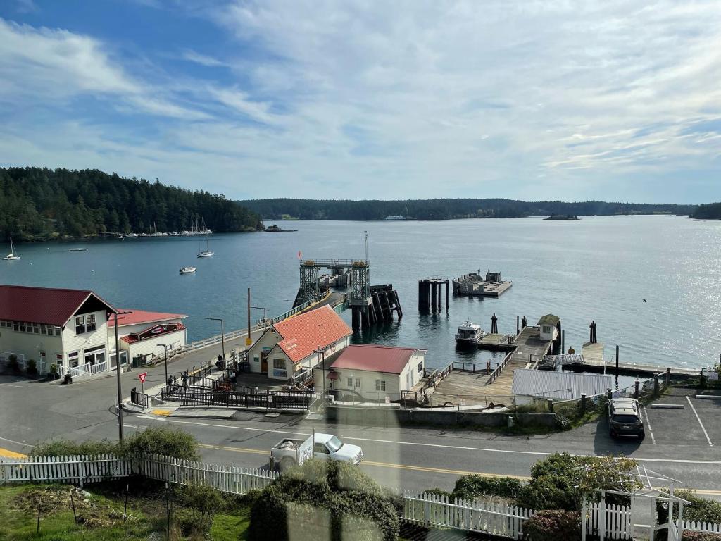 a view of a marina with boats in the water at Orcas Hotel in Orcas