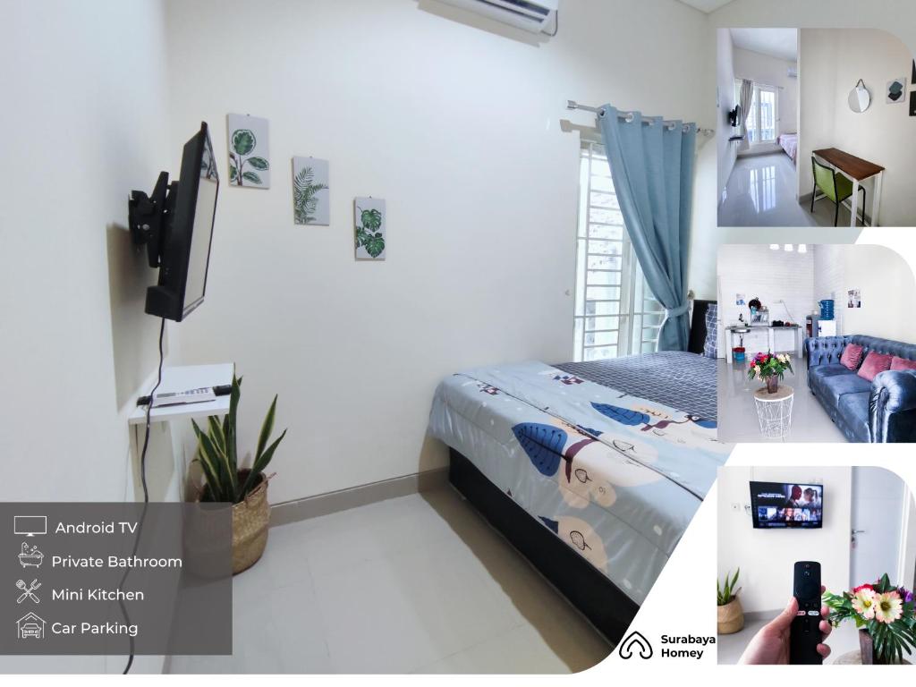 een slaapkamer met een bed en een tv. bij Surabaya Homey near Juanda Airport Syariah in Sedati