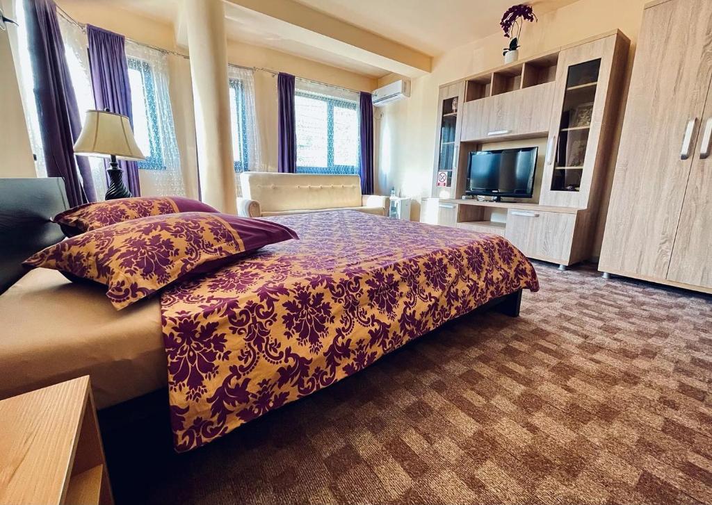 um quarto de hotel com uma cama e uma televisão em PENSIUNEA TEXAS self check-in em Cluj-Napoca