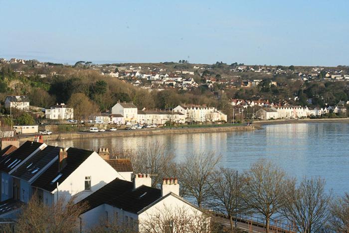 a view of a river with houses and a city at Patricks Boathouse in Swansea