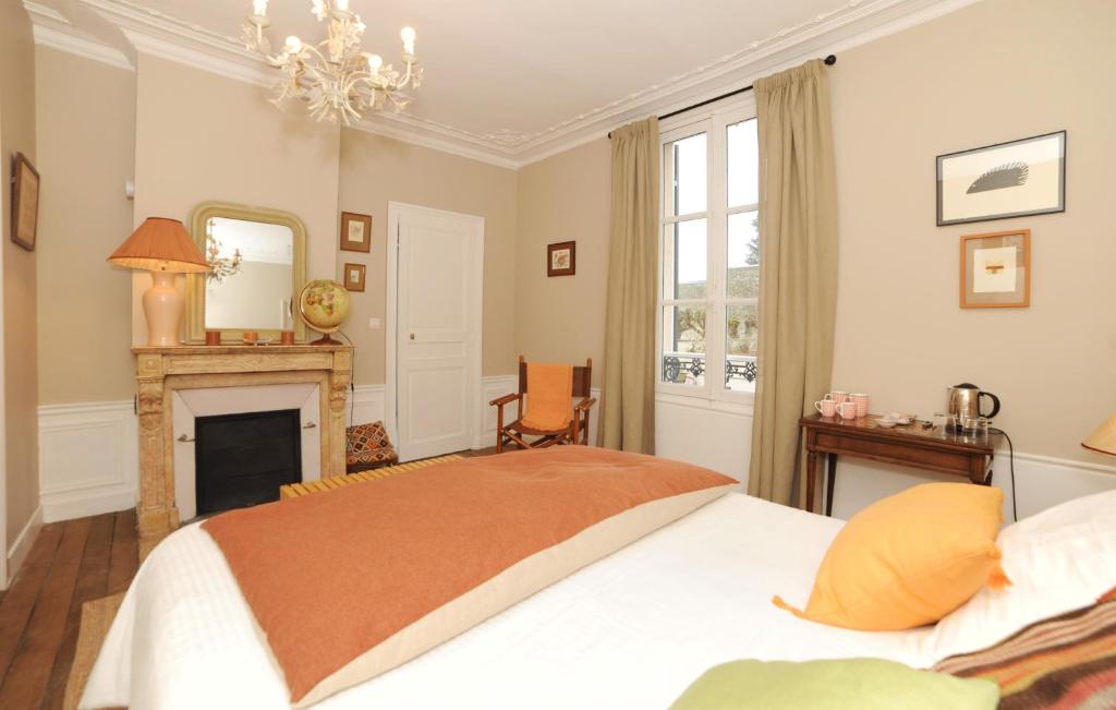 a bedroom with a bed and a fireplace and a mirror at Le Jardin Cathedrale in Chartres