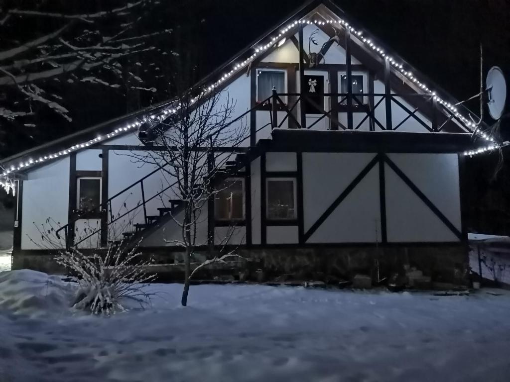 uma casa com luzes de Natal na neve em Біла Хижа (Хата) em Verkhne-Studënyy