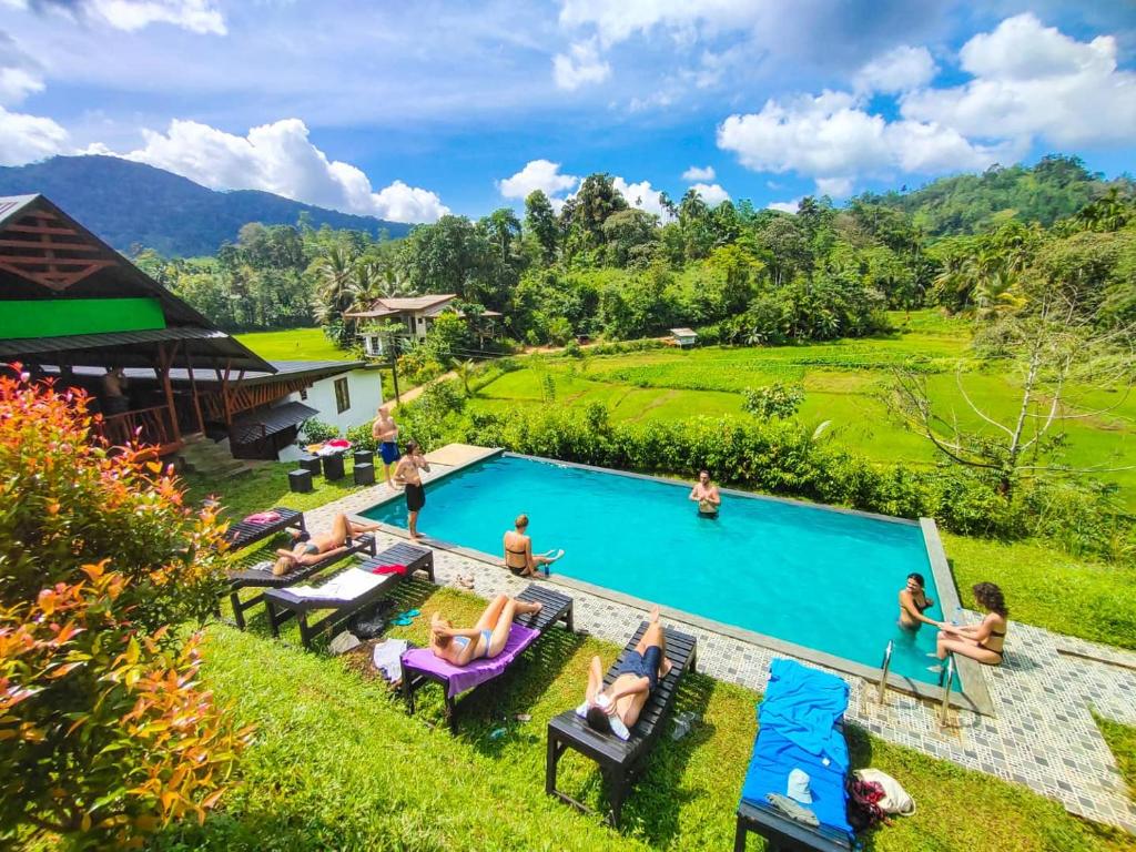 een groep mensen die rond een zwembad in een resort zitten bij Cinnamon Village Sinharaja in Deniyaya