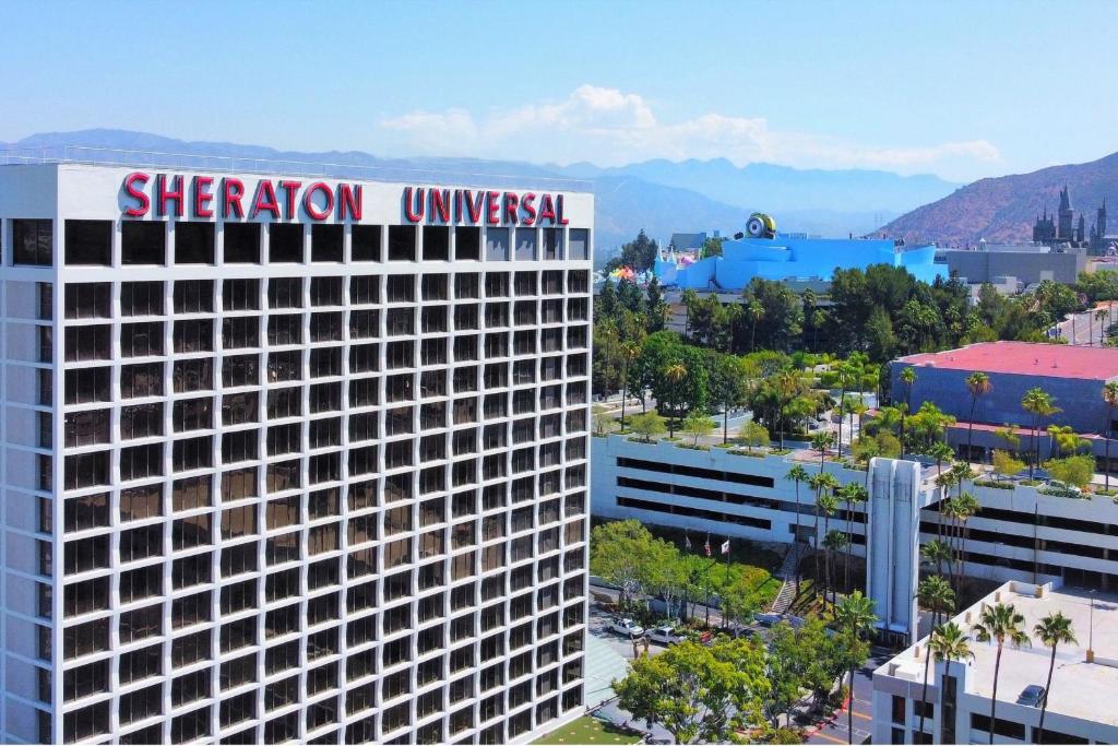 a view of a building with a sheraton university sign on it at Sheraton Universal in Los Angeles