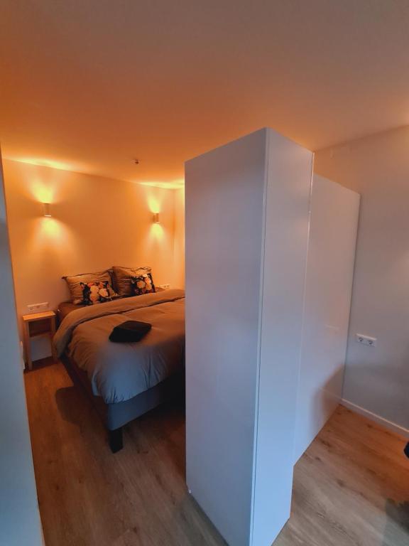 巴恩的住宿－Studio Baarn with patio, airco, pantry, bedroom, bathroom, privacy - Amsterdam, Utrecht，一间卧室配有床和白色橱柜