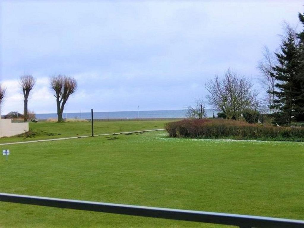 a green field with trees and the ocean in the background at Vier Jahreszeiten Haus 1 Whg 06 in Großenbrode