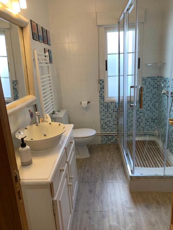 y baño con lavabo, ducha y aseo. en El balcón de Araceli, en Cercedilla