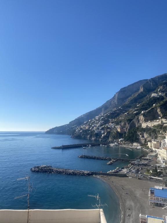 an aerial view of a beach and the ocean at Infinity Sea View House in Amalfi