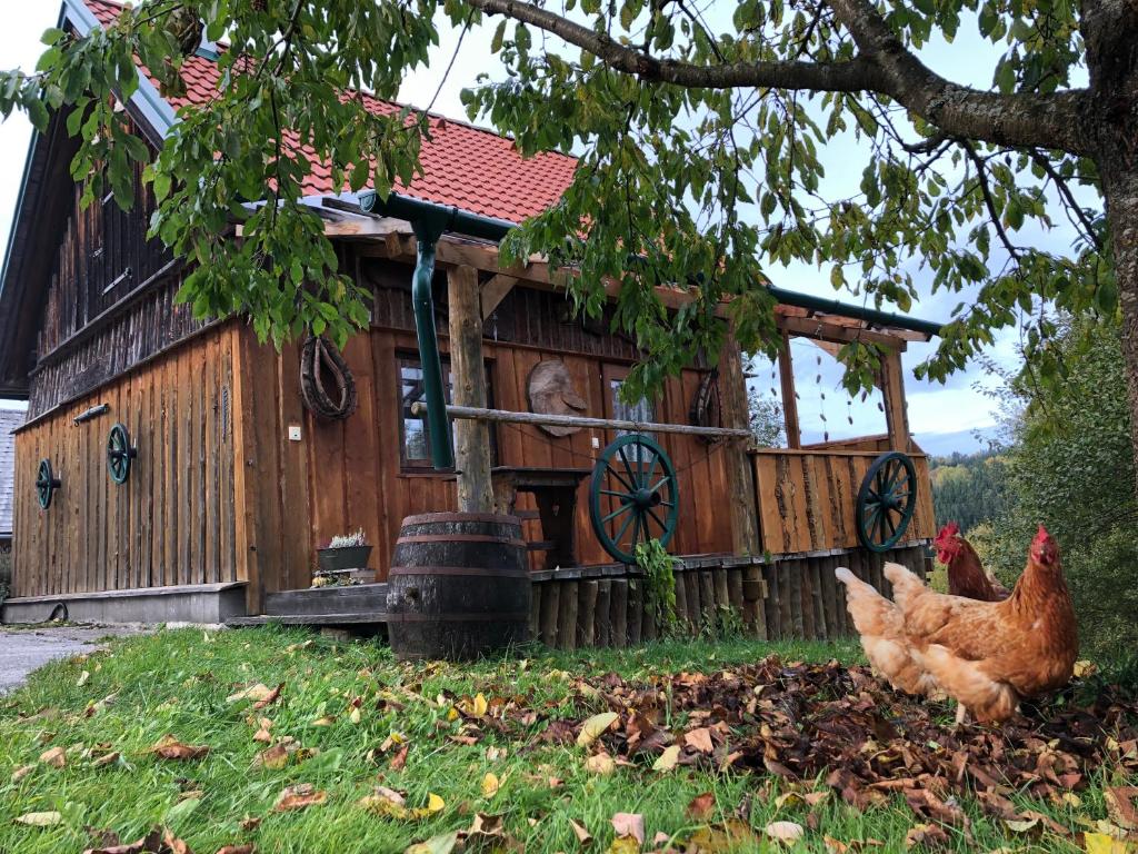a chicken standing in front of a wooden house at Ferienhaus FRIEDLHOF in Langschlag