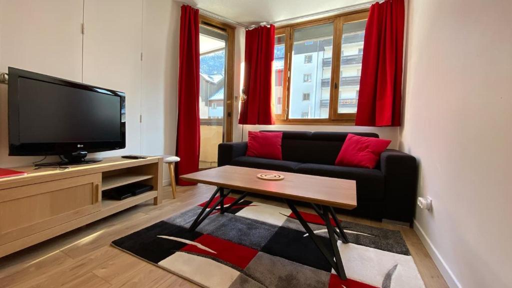 - un salon avec un canapé et une télévision dans l'établissement Chamois de Chamonix, Confortable 2 pièces, balcon, parking gratuit, à Chamonix-Mont-Blanc