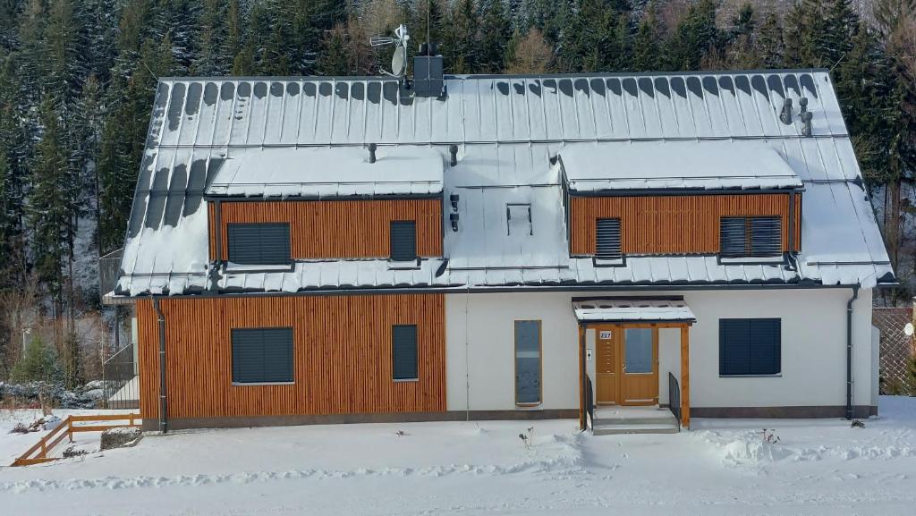 a house with snow on the roof at Apartmán08 in Dolní Morava