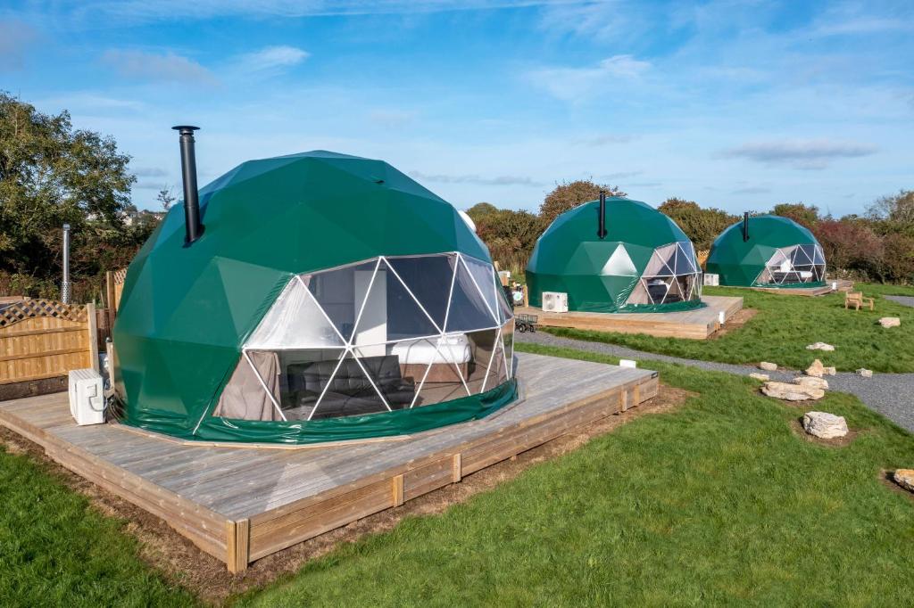 a group of three dome tents in a field at Brynteg Glamping in Llanallgo