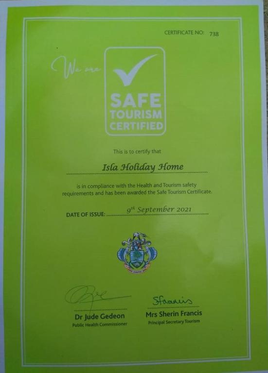 Certifikát, hodnocení, plakát nebo jiný dokument vystavený v ubytování ISLA HOLIDAY HOME