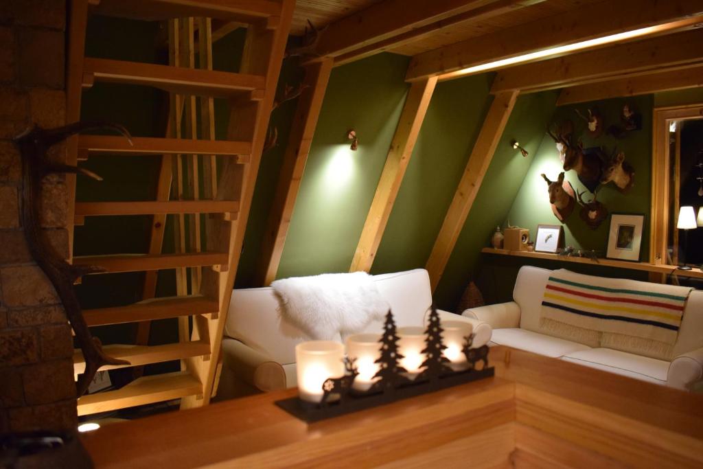 ein Wohnzimmer mit einer weißen Couch und einer Leiter in der Unterkunft Tarski Proplanak in Bajina Bašta