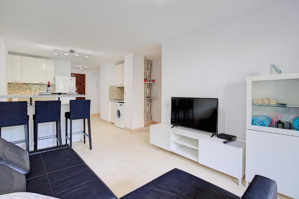 un salon avec un canapé et une télévision dans l'établissement Apartamentos Los Enanos La Palma, à Santa Cruz de la Palma