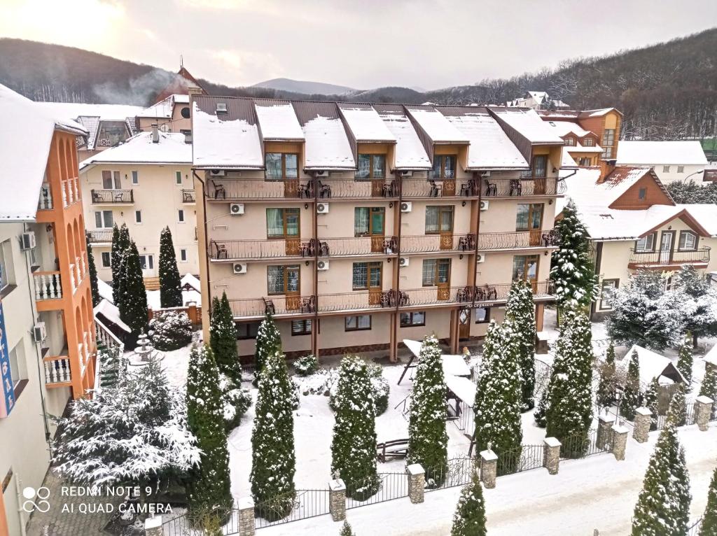 a hotel in the snow with christmas trees at Славутич in Polyana
