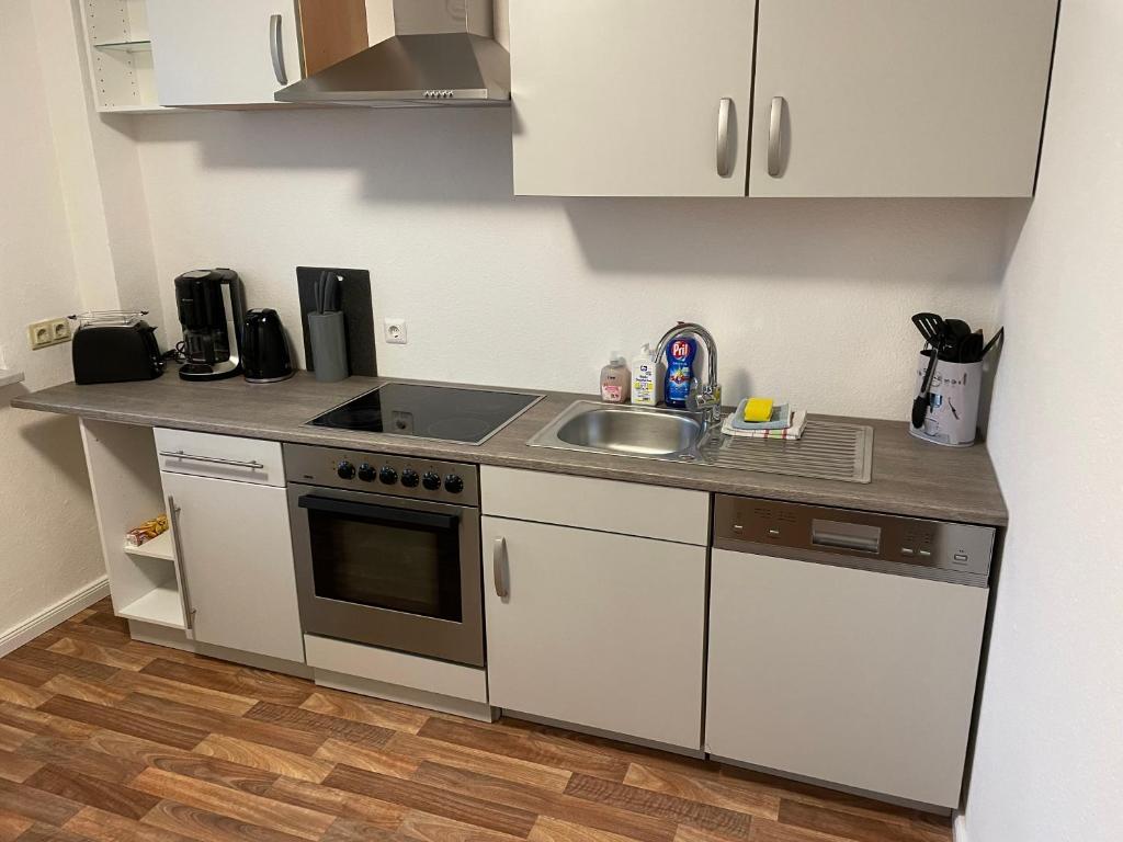 a kitchen with a sink and a counter top at Ferienwohnung Arkadia Zentrale in Norderstedt