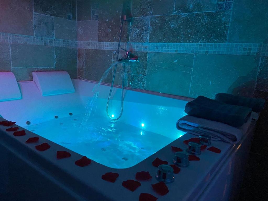 een badkamer met een bad en een douche bij Les nids de la Baie in Favières