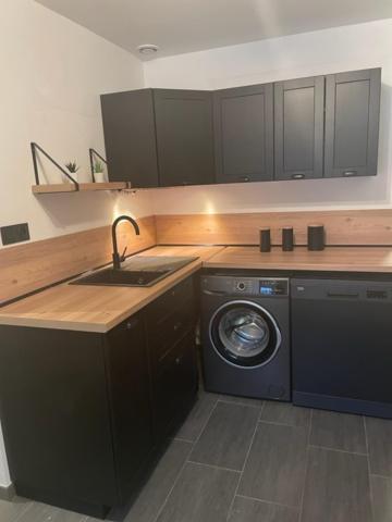 a kitchen with a sink and a washing machine at Maison avec jardin à 8 min de l'aéroport in Saint-Victoret