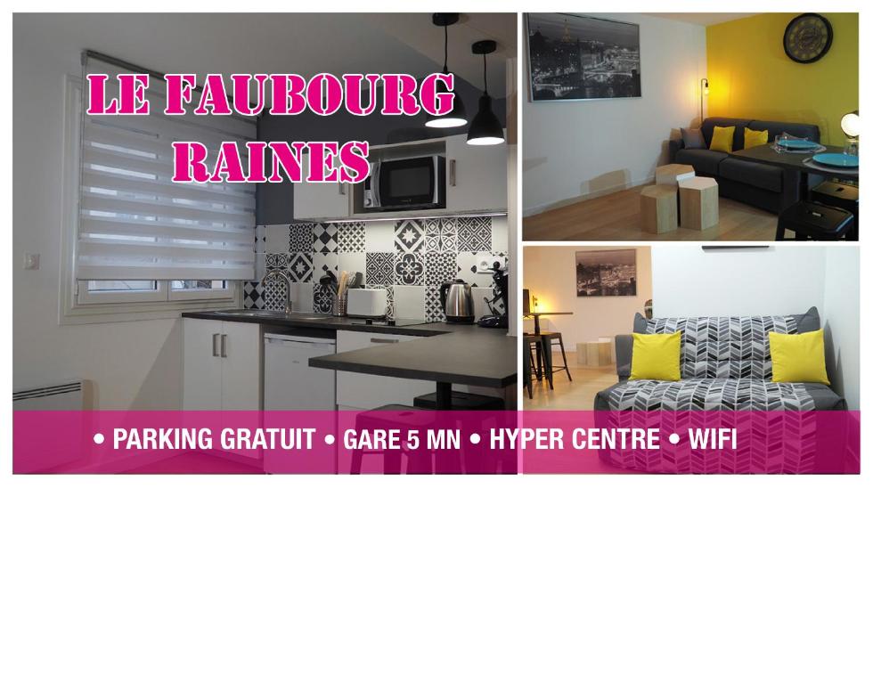 un collage de trois photos d'un salon et d'une cuisine dans l'établissement Le Faubourg-Raines - Chaleureux studio à 5mn de la gare, à Dijon