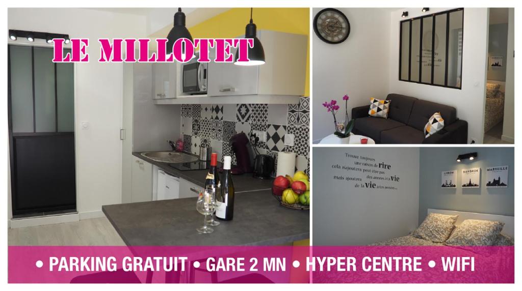 een collage van foto's van een keuken en een woonkamer bij Le Millotet - Agréable studio à 2 mn Dijon Gare in Dijon