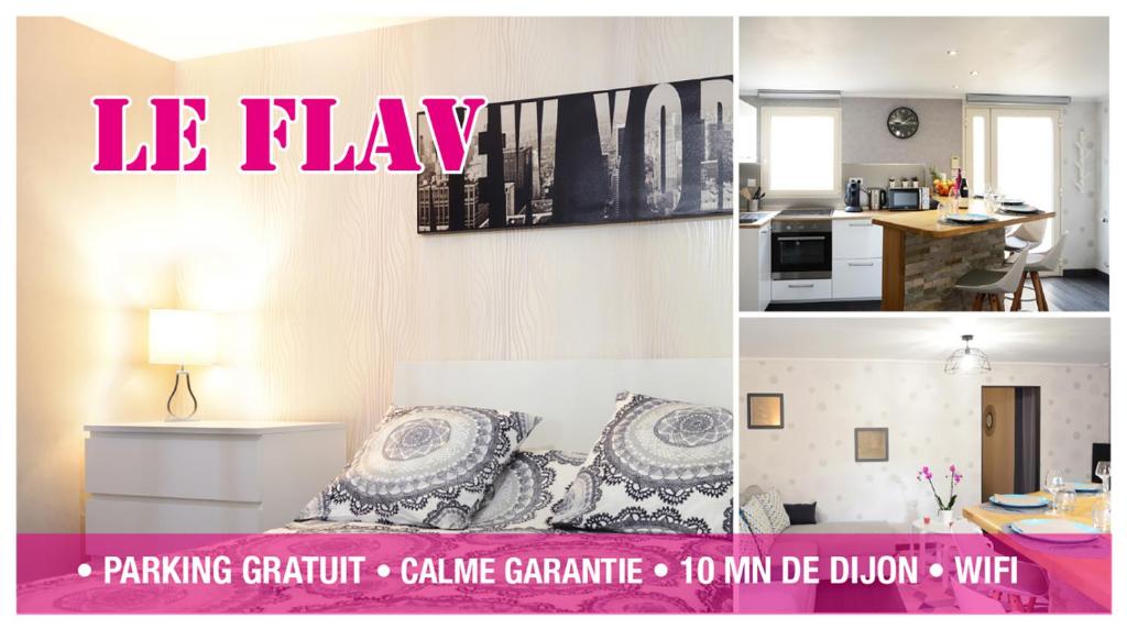un collage de fotos de un dormitorio y una cocina en Le Flav - Charmant appartement à 10 mn de Dijon, en Flavignerot