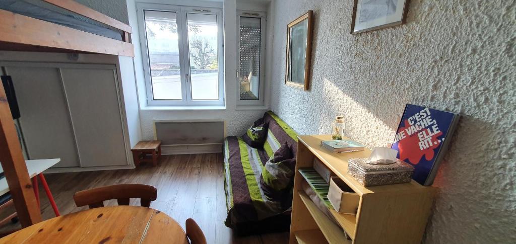 a living room with a couch and a table at Le Français, studio au calme proche de la gare in Besançon