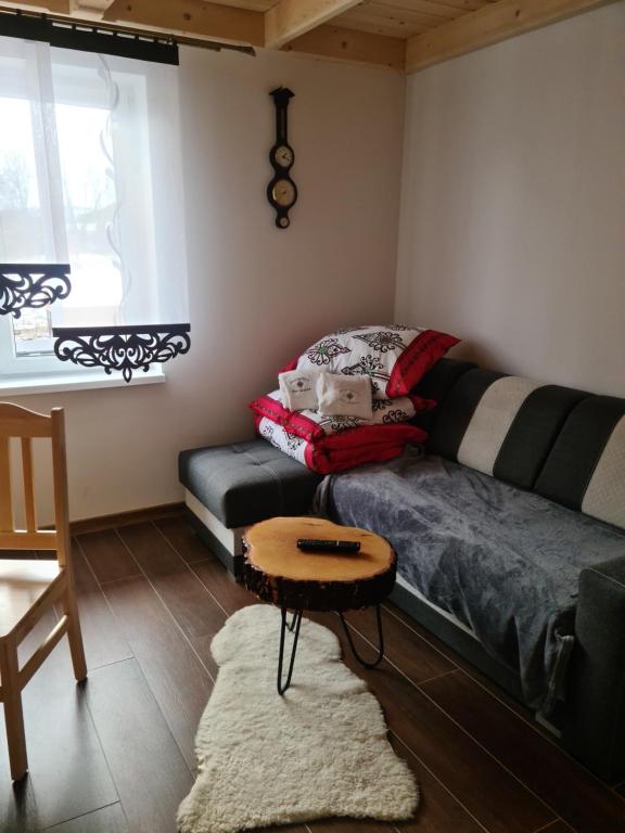 ein Wohnzimmer mit einem Sofa und einem Tisch in der Unterkunft Apartamenty Pod Skałką in Szaflary