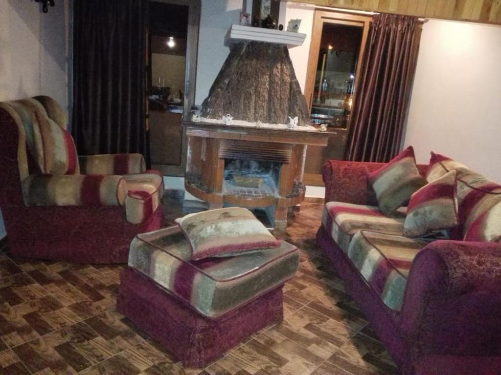 sala de estar con 2 sofás y chimenea en appartement chalet, en Imouzzer Kandar