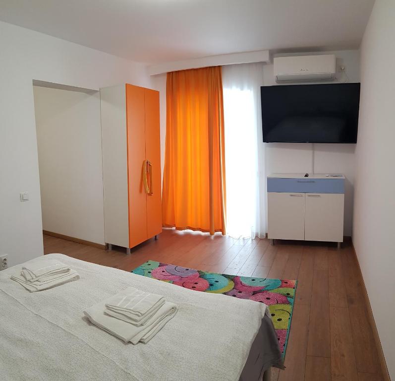 Zimmer mit einem Bett und einem Flachbild-TV in der Unterkunft Apartament 5 Budiu in Târgu Mureș