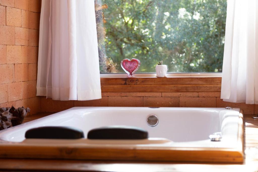 a bath tub sitting in front of a window at Pousada Recanto do Lobo Chalés em Urubici in Urubici