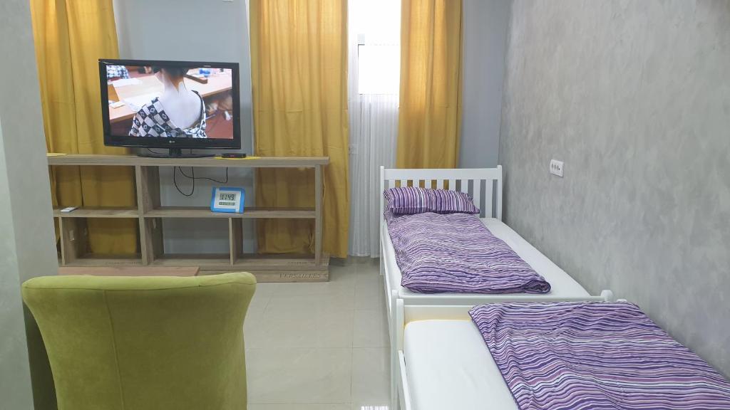 a small room with two beds and a tv at Apartment 18 in Pančevo