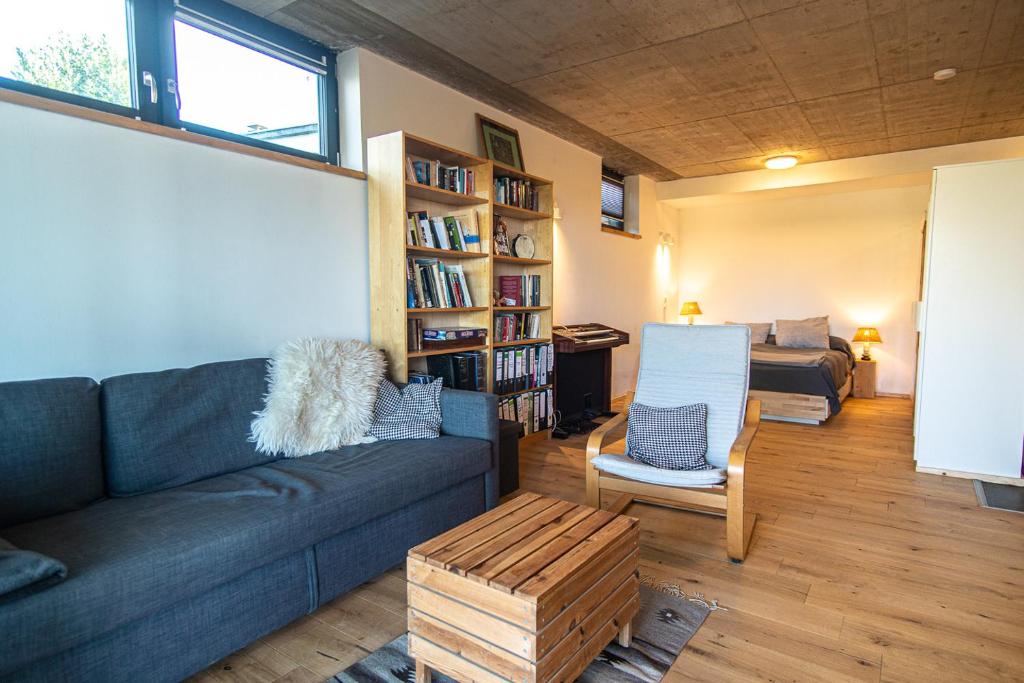 ein Wohnzimmer mit Sofa und Bücherregal in der Unterkunft Apartment im Wanderparadies Siebengebirge in Königswinter