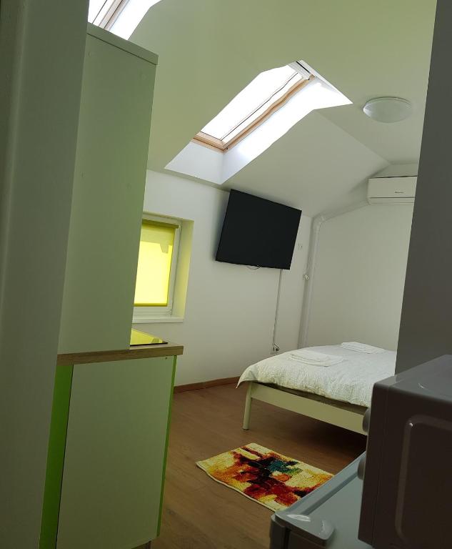 a small room with a bed and a skylight at Apartament 9 Budiu in Târgu-Mureş