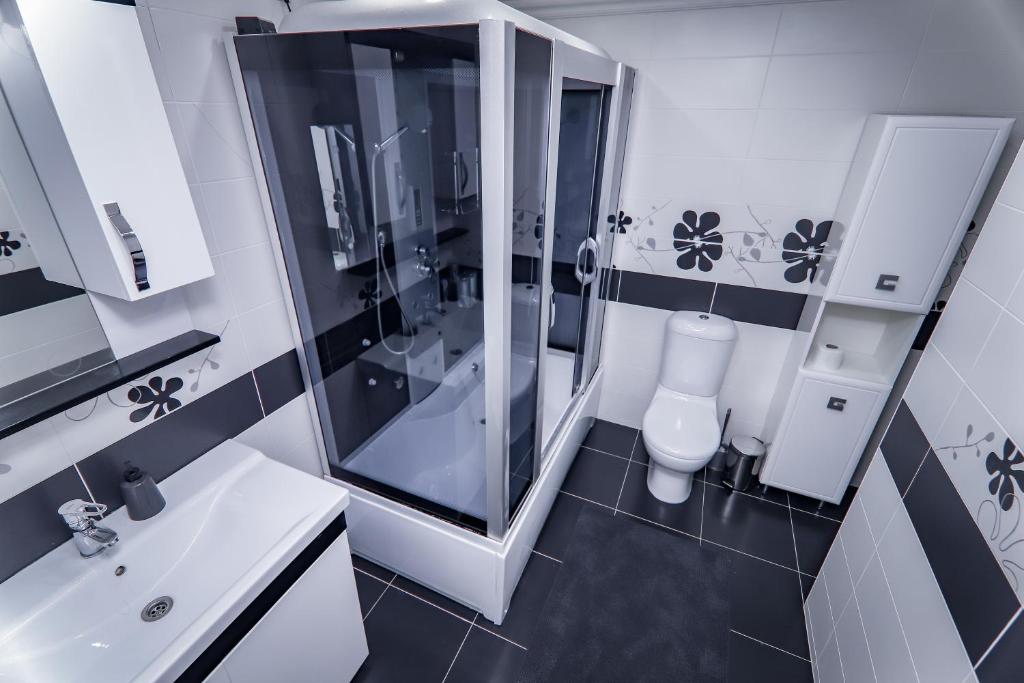 een badkamer met een douche, een toilet en een wastafel bij RentWill apartments Black&White in Chişinău