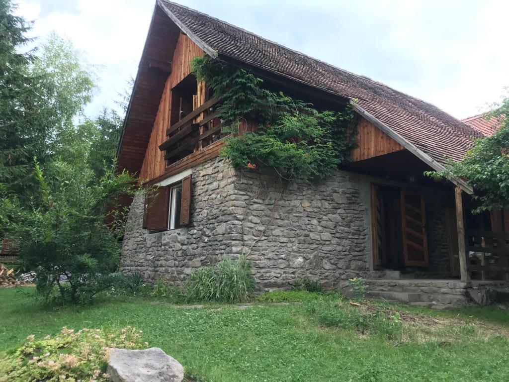 una casa de piedra con plantas a un lado en Pace in Kuvaszó-Casă la cheie, en Filia