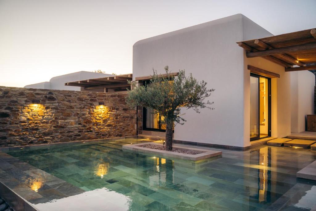 a pool with a tree in the middle of a house at Hide Out Villas in Mylopotas