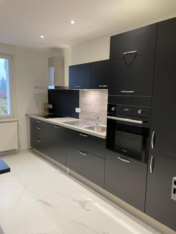 a kitchen with black cabinets and a sink at Appartement Les Tilleuls &quot;3 étoiles&quot; in Niederbronn-les-Bains