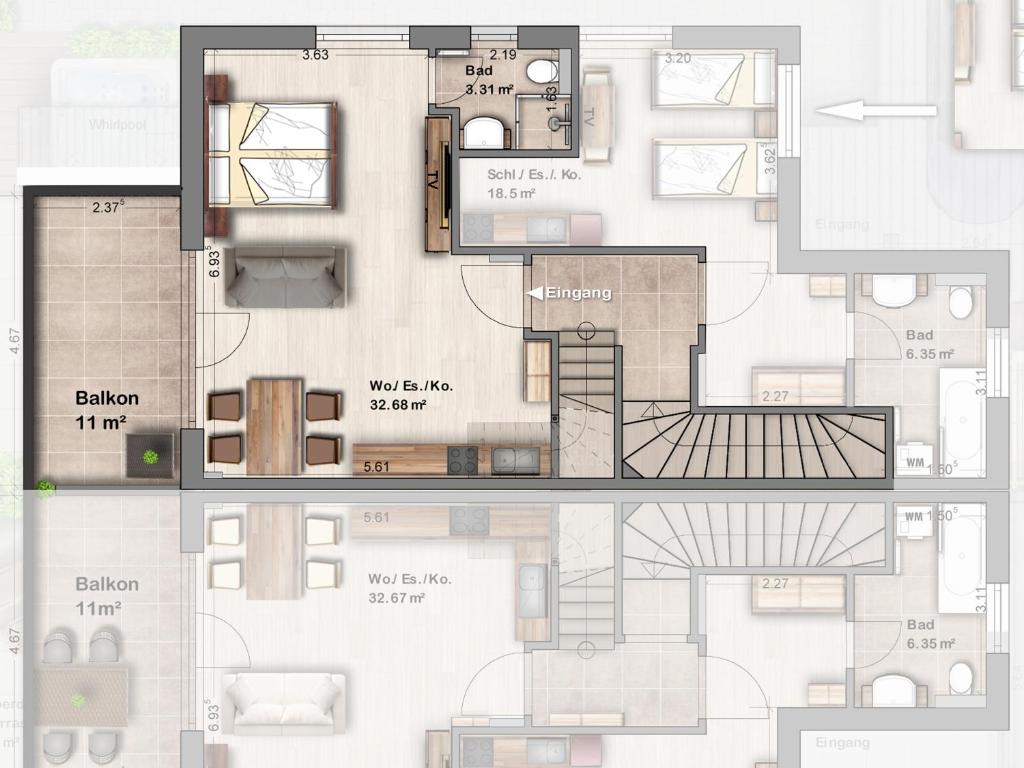 Půdorys ubytování -Neubau- 42 qm Balkon-Apartment