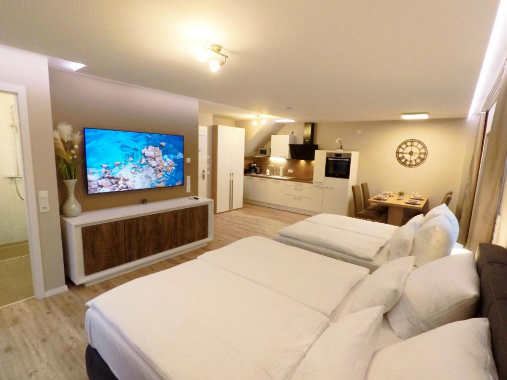 TV a/nebo společenská místnost v ubytování -Neubau- 42 qm Balkon-Apartment