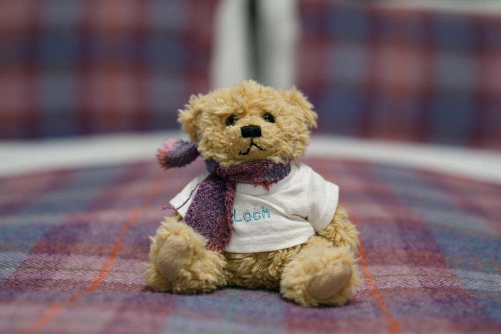 a stuffed teddy bear wearing a shirt and tie at Ceol na Mara Guest House in Tarbert